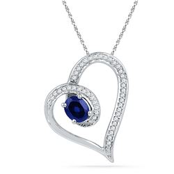 0.76 CTW Oval Created Blue Sapphire Heart Outline Pendant 10KT White Gold - REF-19N4F