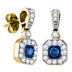 0.66 CTW Blue Color Diamond Square Dangle Screwback Earrings 10KT Yellow Gold - REF-44H9M