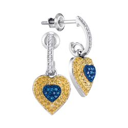 0.33 CTW Blue Yellow Color Diamond Heart Dangle Earrings 10KT White Gold - REF-34N4F