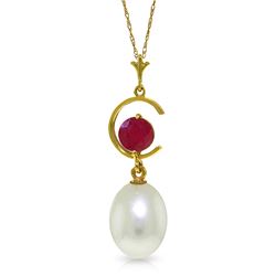 Genuine 4.5 ctw Pearl & Ruby Necklace Jewelry 14KT Yellow Gold - REF-22N2R