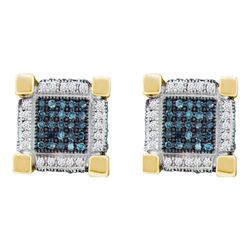 0.79 CTW Mens Blue Color Diamond 3D Cube Square Earrings 10KT Yellow Gold - REF-49F5N