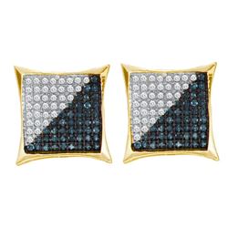 0.32 CTW Mens Blue Color Diamond Square Kite Cluster Earrings 10KT Yellow Gold - REF-19M4H