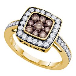 1 CTW Cognac-brown Color Diamond Square Cluster Ring 10KT Yellow Gold - REF-49W5K