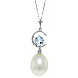 Genuine 4.5 ctw Pearl & Aquamarine Necklace Jewelry 14KT White Gold - REF-21W9Y