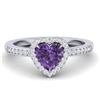 1 CTW Amethyst & Micro Pave Ring Heart Halo 14K White Gold - REF-33F6N - 21400