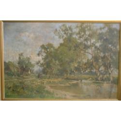 HEINISCH, Karl Adam, 1847-1923.  "Figures Walking by the Cottage near the River".  Huile sur toil...