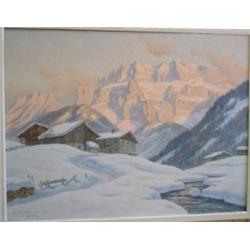 KETTEMANN, Erwin, 1897-1971.  "Alpine Sunset in the Tyrol".  Huile sur toile, signée....