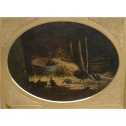 JACQUES, Charles Emile, 1813-1894.  "Extérieur de Basse-Cour".  Huile sur panneau, ovale, initial...