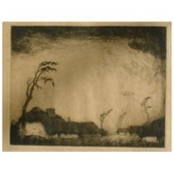 BAKSTEEN, Dirk, 1886-1971.  "Au bord du village".  Eau-forte, signée et numérotée 91/100 au crayo...