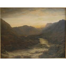 École anglaise 19e S./19th C. English School.  "Sunset over the Mountain Stream"....