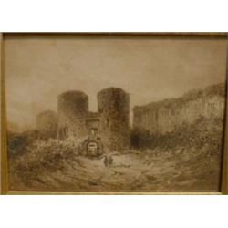 École anglaise 19e S./19th C. English School.  "Approaching the Castle Gates".  Aquarelle....