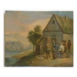 École européenne 19e S./19th C. European School.  "Outside the Tavern".  Huile sur métal....