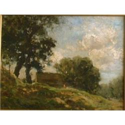 BAKHUYZEN, Julius Jacobus Van de Sande, 1835-1925.  "Figure Walking Past the Farm Building".  Hui...