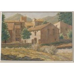École française.  French School.  "View of the Church Tower in the Village"....