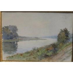 CABARRUS, Jénika.  "Au bord de la rivière".  Aquarelle, signée.  École française 19e S....