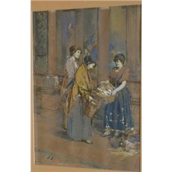 École italienne 19e S./19th C. Italian School.  "The Egg Seller".  Aquarelle, signée "Gamba" et d...