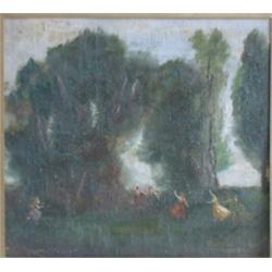 DUBOIS, P.  "Les Danseuses".  Huile sur toile contrecollée sur carton.  Signée et datée "Paris 18...