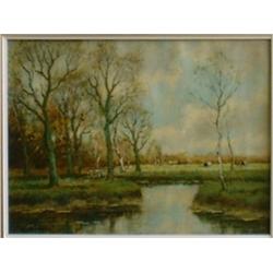 HENDRIKS, Willem, 1888-1966.  "Grazing Cattle near the River".  Huile sur toile, signée....