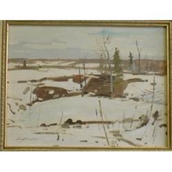 BOUCHARD, Lorne Holland, R.C.A., 1913-1978.  "Frozen Pond near Huntingdon, P.Q.".  Huile sur pann...