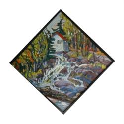 CAOUETTE, Raymond, 1958-    .  "Parc Batiscan".  Huile sur toile, signée.  Signée et titrée verso...