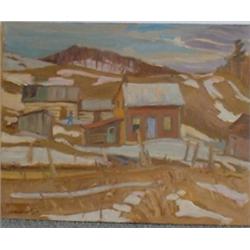 BURTON, Ralph Wallace, 1905-1983.  "Farm, Mt. Pellier,Quebec".  Huile sur panneau, signée....