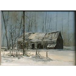 YUZBASIYAN, Arto, 1948-    .  "View of the Barn in Winter".  Huile sur panneau, signée....