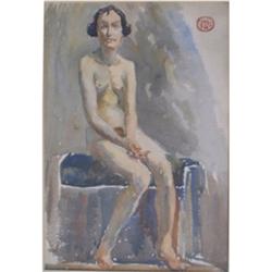 HÉBERT, Henri, R.C.A., 1884-1950.  "Seated Nude".  Aquarelle, cachet d'atelier.  Watercolour, stu...