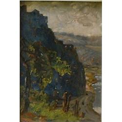 SANDHAM, John Henry, R.C.A., 1841-1910.  "Château Fort Bouillon".  Huile sur panneau, titrée vers...