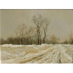 ARTS, Alexis, 1940.  "Melting Snow, St. Amable, Quebec".  Huile sur panneau, signée.  Signée et t...