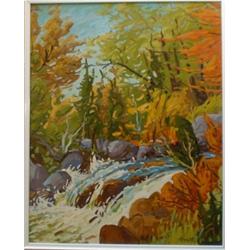 CAOUETTE, Raymond, 1958-    .  "Près de la Rivière".  Huile sur toile, signée....