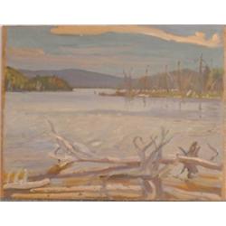 BURTON, Ralph Wallace, 1905-1983.  "Booth Lake, Algonquin Park, Ontario".  Huile sur panneau, sig...