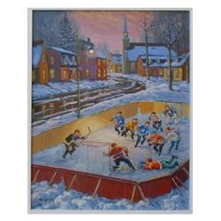 RAVARY, Michel, 1940-    .  "L'Hiver au Québec".  Huile sur toile, signée.  Titrée verso....