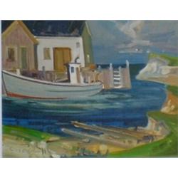 TREMBLAY, Louis, 1949-    .  "L'Étang du Nord, îles de la Madeleine".  Huile sur panneau, signée....