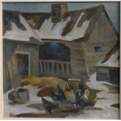 SHABAFF, Valentin, 1891-    .  "Poultry in the Snowy Courtyard".  Huile sur panneau, signée....