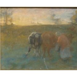 GRAHAM, James Lillie, R.C.A., 1873-1975.  "Milking Time at Sunset".  Pastel.  Pastel....