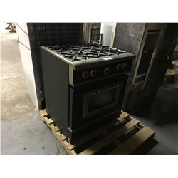 BLACK GAS STOVE & WHITE FRIDGE