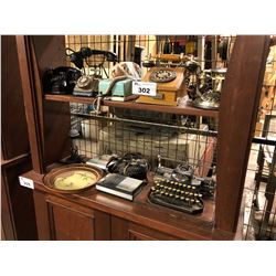 2 SHELVES OF ASSORTED COLLECTABLES: PHONES, TYPEWRITER & MORE