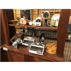 2 SHELVES OF ASSORTED COLLECTABLES: CLOCKS, LIGHTS & MORE