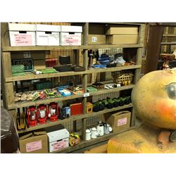 LARGE 5 TIER WOODEN BOOKSHELF WITH ASSORTED GENERAL STORE ITEMS