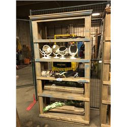 5 TIER WOODEN BOOKSHELF WITH ASSORTED GENERAL STORE ITEMS
