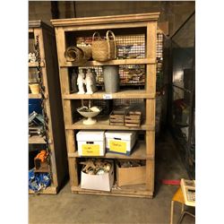 5 TIER WOODEN BOOKSHELF WITH ASSORTED GENERAL STORE ITEMS