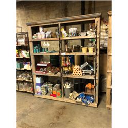 LARGE 4 TIER WOODEN BOOKSHELF WITH ASSORTED GENERAL STORE ITEMS