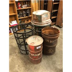 LOT OF ASSORTED DISTRESSED PROP GARBAGE CANS