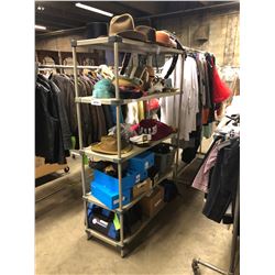 SHELF OF ASSORTED HATS, SHOES & MORE