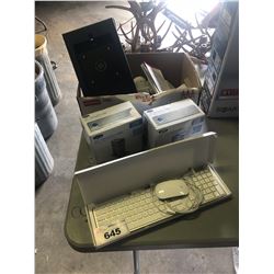 ASSORTED MOTION SENSORS, KEYBOARD, LACIE HARD DRIVES