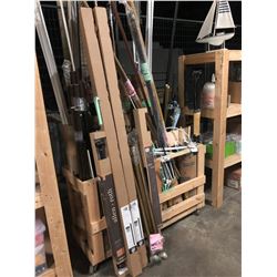 WOOD RACK WITH ASSORTED DRAPERY RODS & MORE