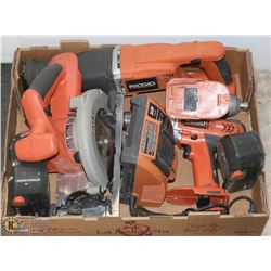 FLAT OF RIDGID TOOLS WITH CHARGER UNIT & BATTERIES
