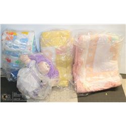 3 NEW BABY BLANKETS & CABBAGE PATCH DOLL