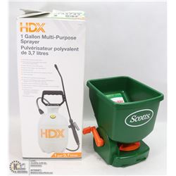 LOT OF NEW SCOTTS FERTILIZER SPREADER AND HDX