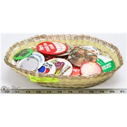 BASKET OF VINTAGE PIN BACK BUTTONS.